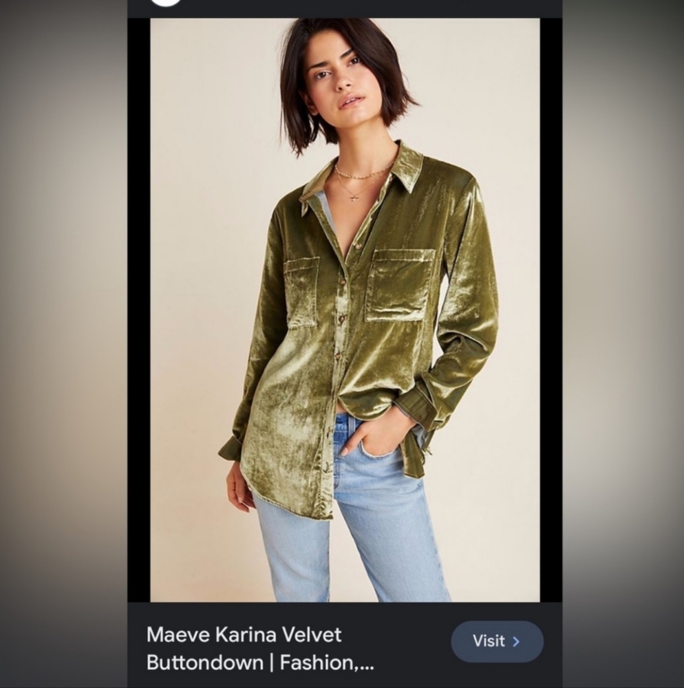 Maeve for anthologies green crushed velvet button down oversized shirt size 4